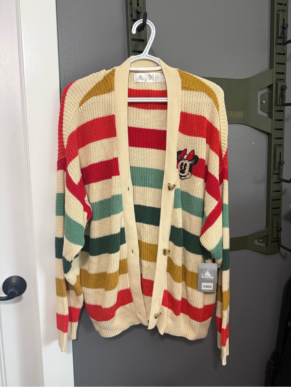 Disney Striped Minnie Patch Knit Cardigan - Cream, Red, Green, Mustard